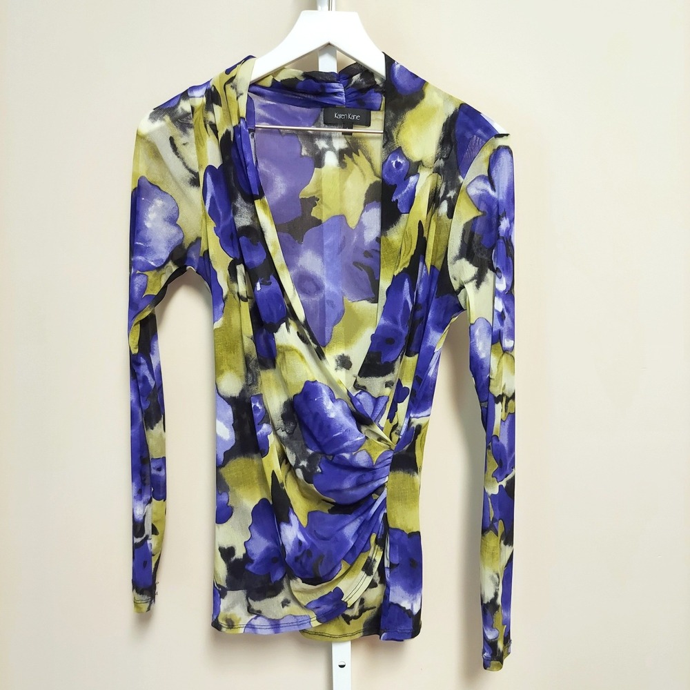 Karen Kane Womens Floral Mesh Ruched Long Sleeve Top Purple L 90s Fairy Whimsy